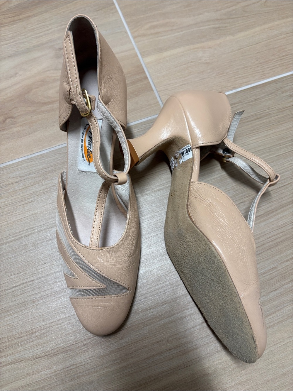 French ballroom shoes   Women's Nude T-Strap Heels with Subtle Contrast Stitchin
